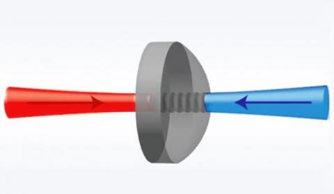 The diagram illustrates light (in red and blue) generating acoustic waves in a pristine crystal (center). artificial spin ice