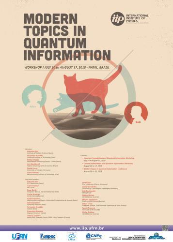 Modern Topics in Quantum Information flyer (a dead and alive cat next to Alice and Bob) Modern Topics in Quantum Information