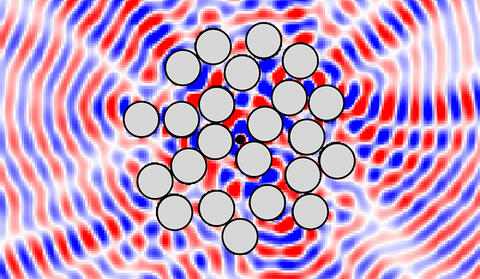 In this graphic, which illustrates the idea of coherent perfect absorption, a complex input electromagnetic wave is “perfectly” absorbed by the small black rod in the middle. The surrounding grey rods, meanwhile, are non-absorbing and reflect or refract the waves. Only with this special input wave is it possible to trap all the energy within the structure, where it is completely absorbed. (Courtesy of A. Douglas Stone)