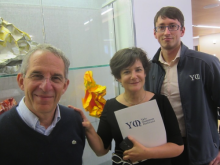 Michel Devoret, Martha W Lewis and Florian Carle in front of YQI display case